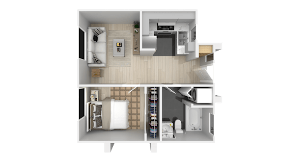 Floor Plan  A top-down view of a small apartment with a kitchen, living room, and bedroom.