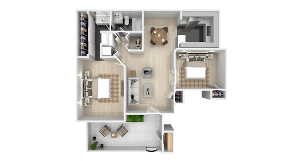 Floor Plan  A top-down view of a house layout with a living room, kitchen, and two bedrooms.