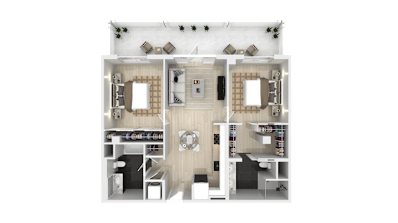 A 3D floor plan of a house with a kitchen, living room, and two bedrooms.