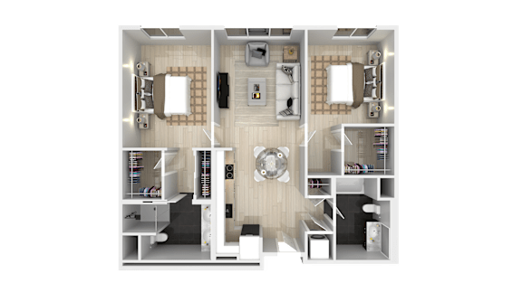 A top-down view of a small apartment layout with a kitchen, living room, and bedrooms.