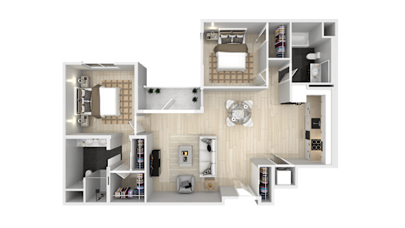 A 3D rendered image of a modern apartment layout.