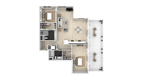 A floor plan of a house with a living room, two kitchens, a dining room, and multiple bedrooms.