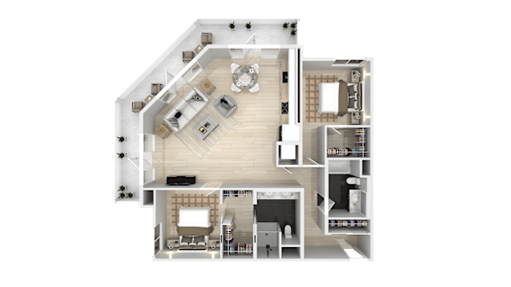 A top-down view of a house layout with a living room, kitchen, and bedrooms.