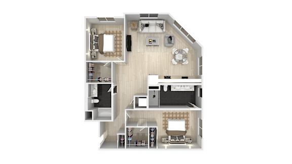 A top-down view of a house layout with a kitchen, living room, and bedrooms.