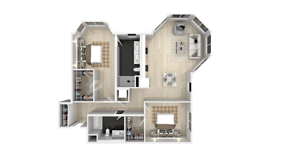 A 3D rendered image of a house layout with multiple rooms.