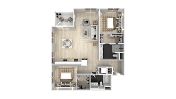 A 3D floor plan of a house with a kitchen, living room, dining room, and two bedrooms.