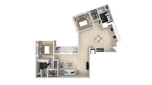 A detailed 3D floor plan of a house layout.