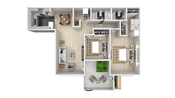 A top-down view of a house layout with a living room, kitchen, and two bedrooms.