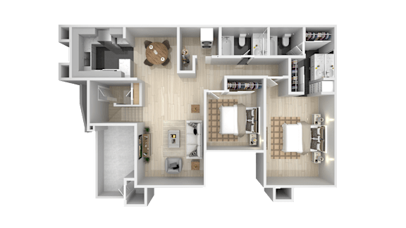 A 3D floor plan of a house with a kitchen, living room, and two bedrooms.