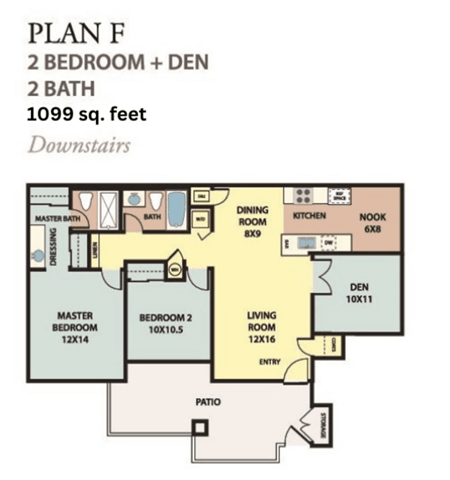 floor plan of the plan f 2 bedroom  den  at The Resort at Encinitas Luxury Apartment Homes, Encinitas