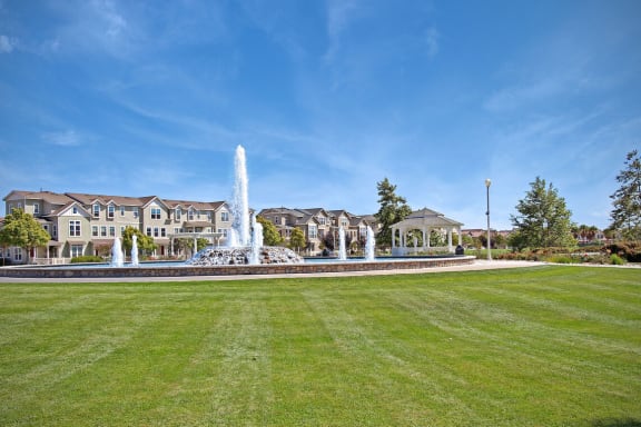 a fountain in a park in front of a house at The Vines at Riverpark, LLC, California