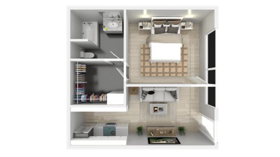 a rendering of a 3d floor plan of a studio apartment  at The Preston at Hillsdale, San Mateo, California