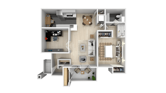 A 3D floor plan of a house showing the layout of the rooms.