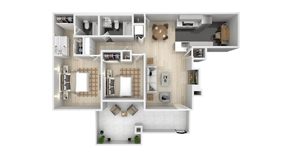 A top-down view of a house layout with a kitchen, living room, and two bedrooms.