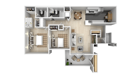 Floor Plan  A 3D floor plan of a house with a kitchen, living room, and two bedrooms.