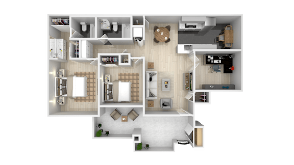 A top-down view of a house layout with a living room, kitchen, and bedrooms.
