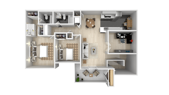 A top-down view of a house layout with a kitchen, living room, and bedrooms.