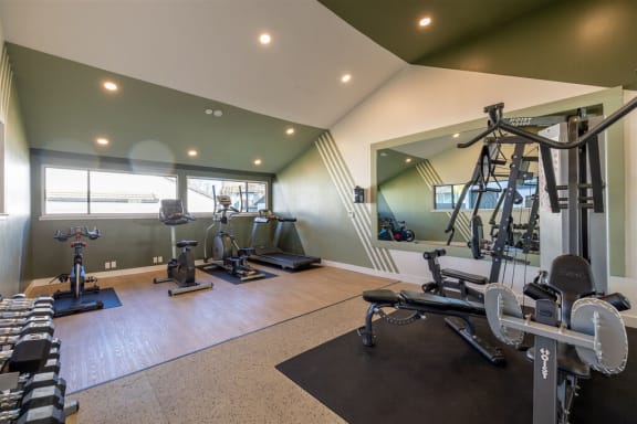 a gym with weights and cardio equipment in a home gym at Diablo Vista, Livermore