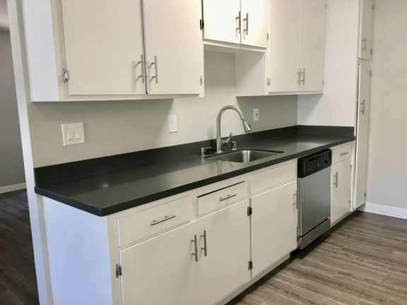 a kitchen with white cabinets and a black counter top at Element LLC, Sunnyvale