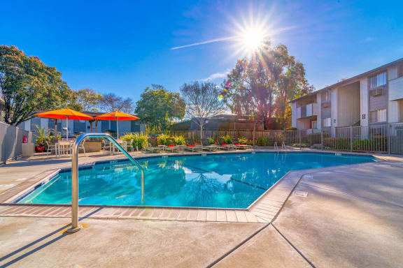 our apartments have a swimming pool in front of our building at Sunnyvale Crossings Apartments, LLC, Sunnyvale California