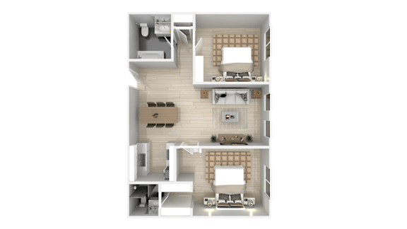 A top-down view of a house layout with a living room, kitchen, and two bedrooms.