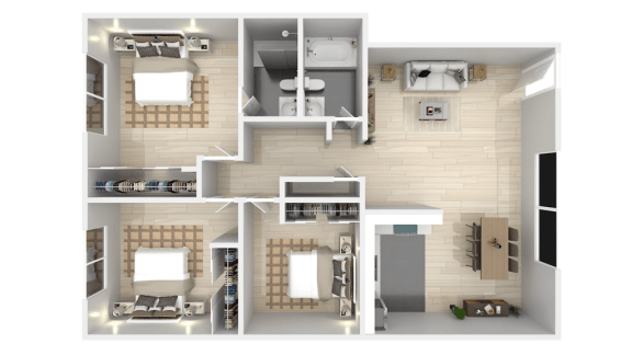 a rendering of a 3d floor plan of a houseat The Arches Apartments, LLC, El Cajon, CA
