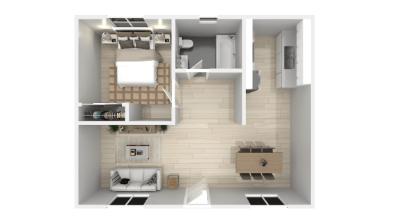 a rendering of a 3d floor plan of a house  at The Marq Apartments LLC, Los Angeles, California