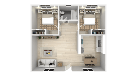 a rendering of a 3d floor plan of a house  at The Marq Apartments LLC, Los Angeles, California