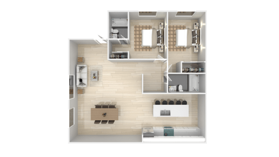 a 3d rendering of a bedroom and bathroom floor plan at BLVD Apartments LLC, Tarzana, 91356