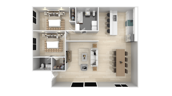a 3d rendering of a bedroom and bathroom floor plan at BLVD Apartments LLC, Tarzana California