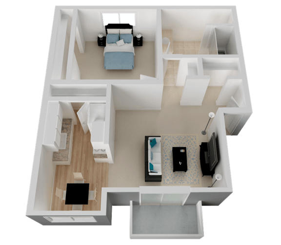 a rendering of a 3d floor plan with a bedroom and living room at Campbell West Apartments, Campbell, CA 95008