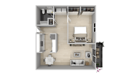 a rendering of a 3d floor plan of a small apartment at Latitude Apartments at Mission Valley, California, 92120