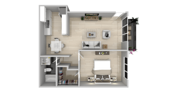 a rendering of a 3d floor plan of a house at Latitude Apartments at Mission Valley, California