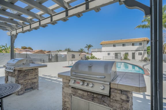 a backyard with a barbecue grill and a swimming pool at Ocean Villas, California
