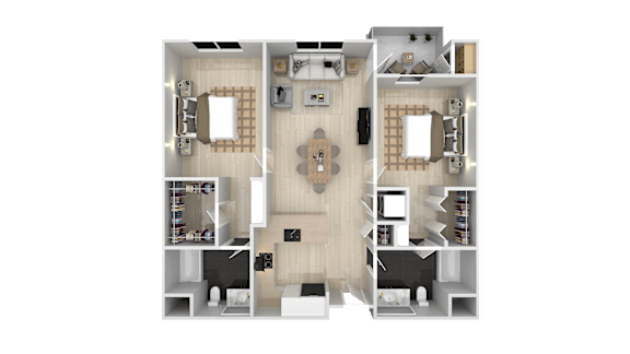A detailed 3D floor plan of a modern apartment layout.