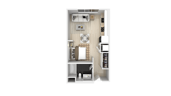 A top-down view of a small, neatly organized apartment.