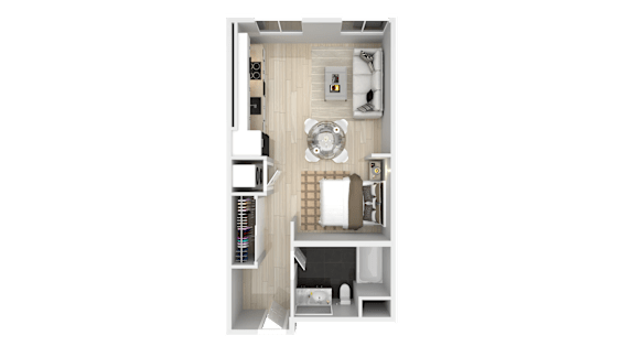 A top-down view of a small apartment with a kitchen, living room, and bathroom.