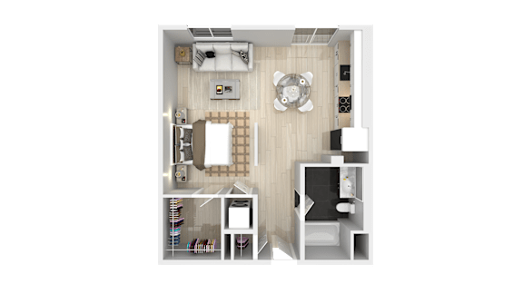 A top-down view of a small apartment with a kitchen, living room, and bedroom.