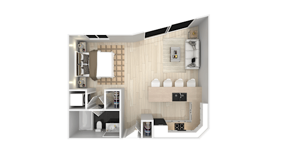 A 3D rendered image of a modern apartment layout.
