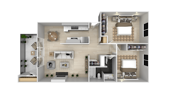 A 3D floor plan of a house showing a kitchen, living room, two bedrooms, and a bathroom.