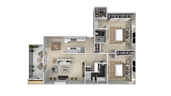 A 3D rendered image of a house layout.