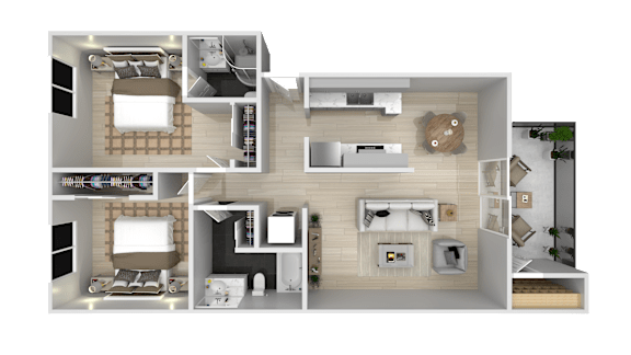 A 3D floor plan of a small apartment with a kitchen, living room, and bedroom.