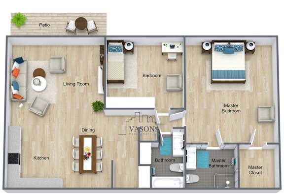 A floor plan of a Vasona apartment with a living room, dining room, kitchen, and three bedrooms.