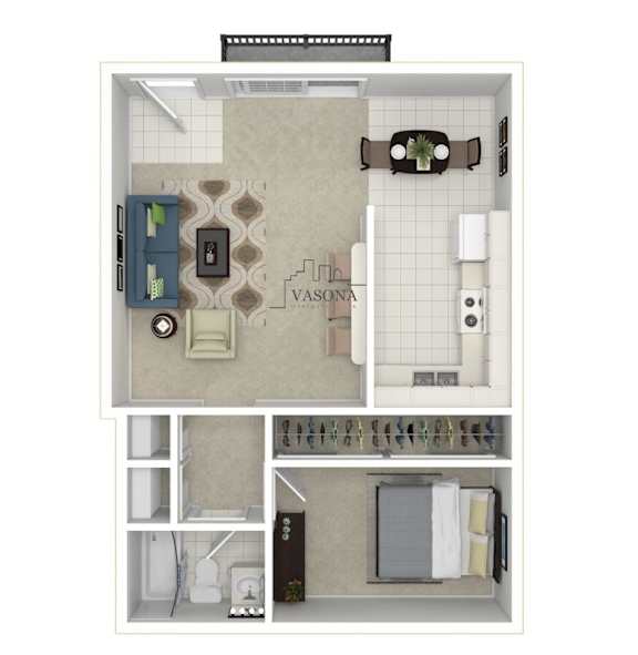 A floor plan of a Vasona apartment with a kitchen, living room, and bathroom.