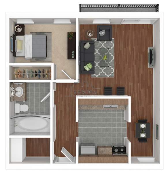 A top-down view of a small apartment with a kitchen, living room, and bathroom.