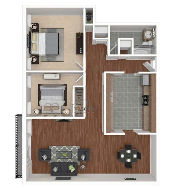 A floor plan of a small apartment with a kitchen, living room, and bathroom.