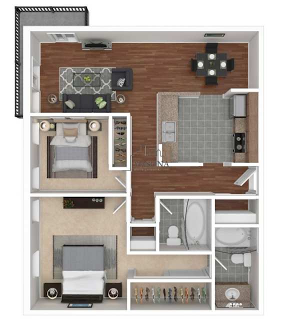 A floor plan of a small apartment with a kitchen, living room, and bathroom.