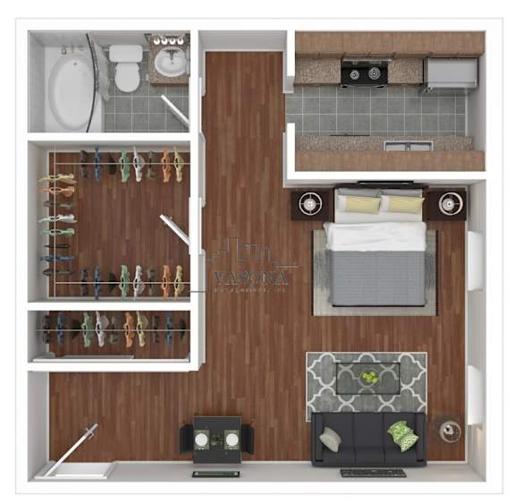 A top-down view of a small apartment with a bed, shoe rack, and a small kitchenette.