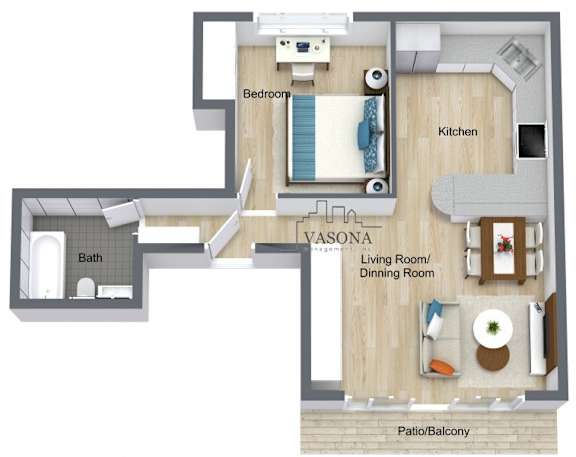 A floor plan of a Vasona apartment with a living room, dining room, kitchen, bedroom, and bathroom.
