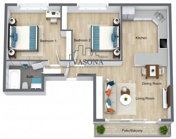 A floor plan of a Vasona apartment with two bedrooms, a bath, a kitchen, a dining room, a living room, and a patio/balcony.